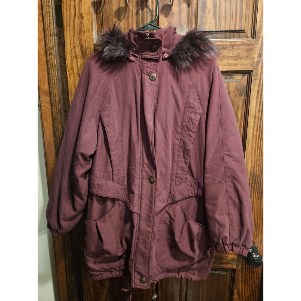 Vintage Etienne Aigner Jacket Women Small Burgundy Hood Parka Coat Faux Fur Trim